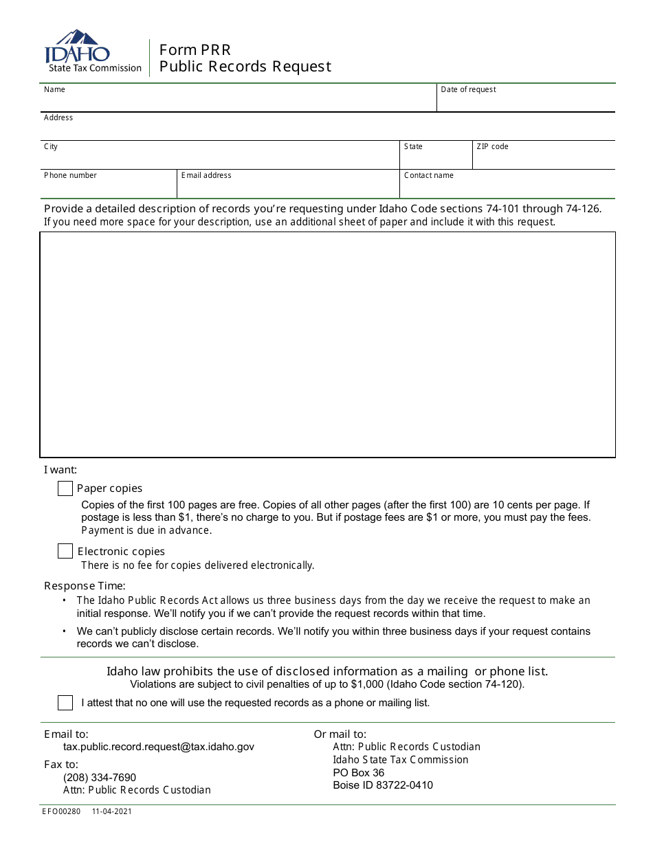 Form PRR (EFO00280) Public Records Request - Idaho, Page 1