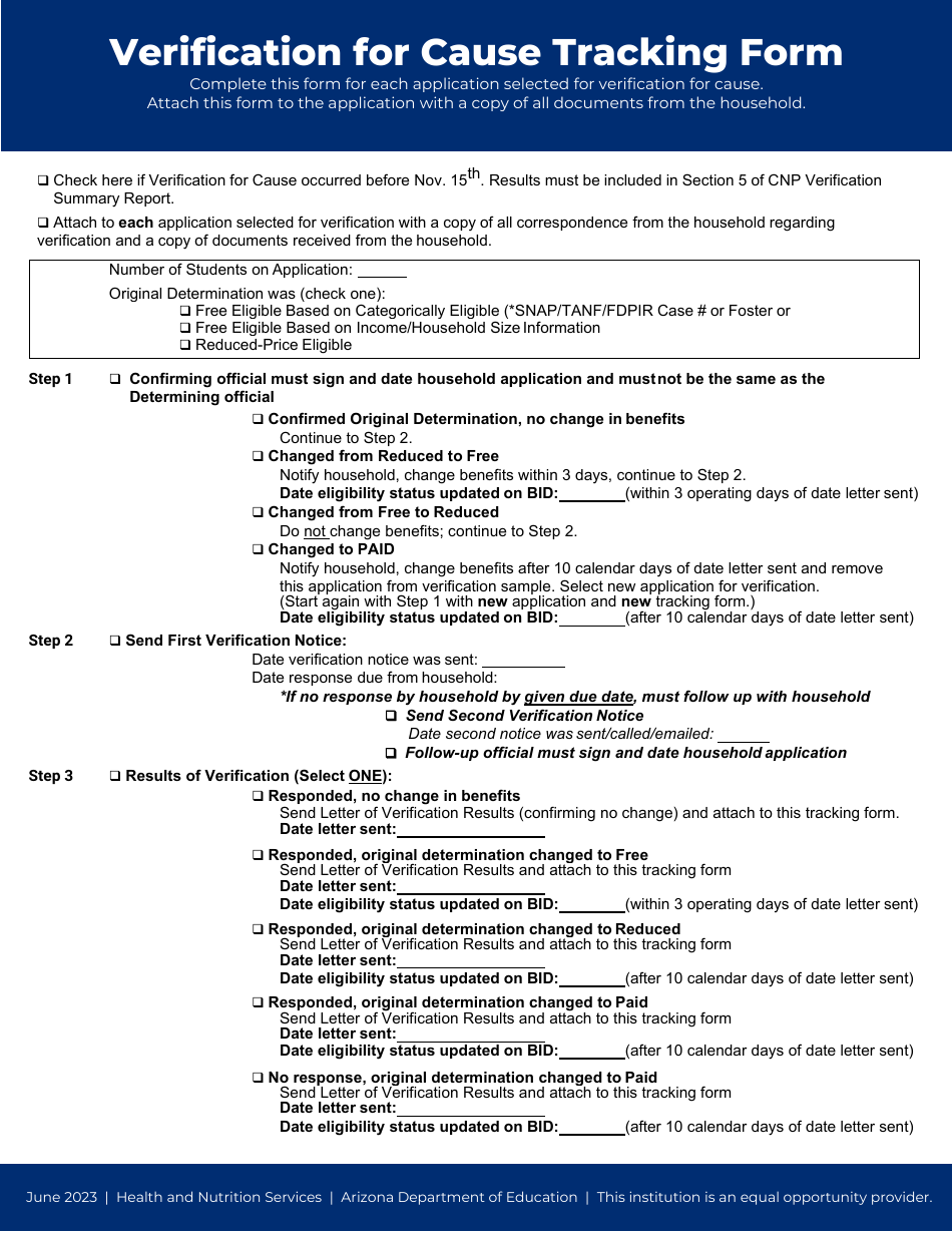Verification for Cause Tracking Form - Arizona, Page 1