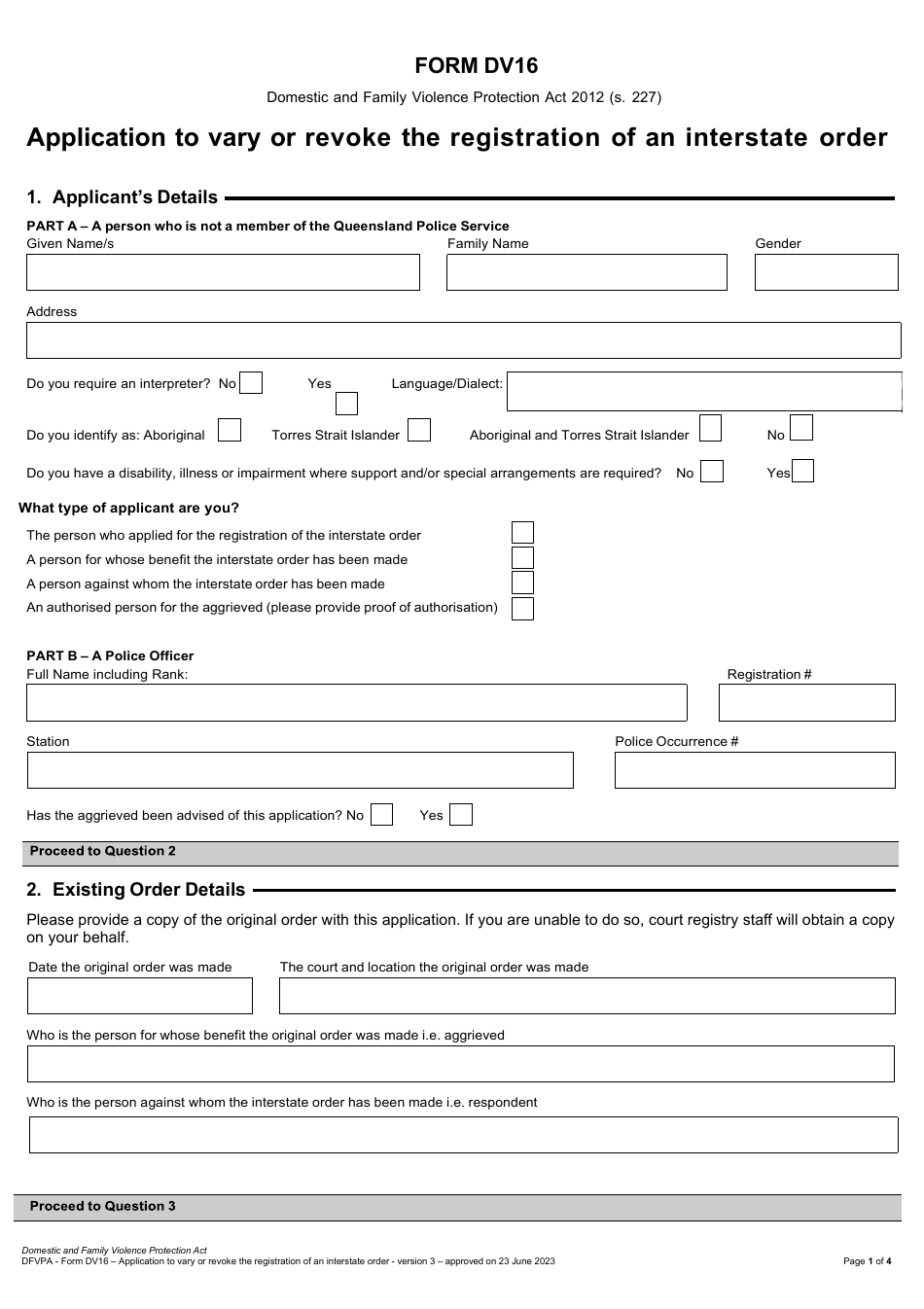 Form DV16 Application to Vary or Revoke the Registration of an Interstate Order - Queensland, Australia, Page 1