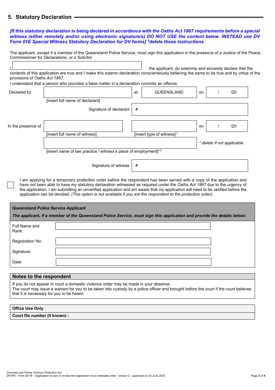 Form DV16 Application to Vary or Revoke the Registration of an Interstate Order - Queensland, Australia, Page 3