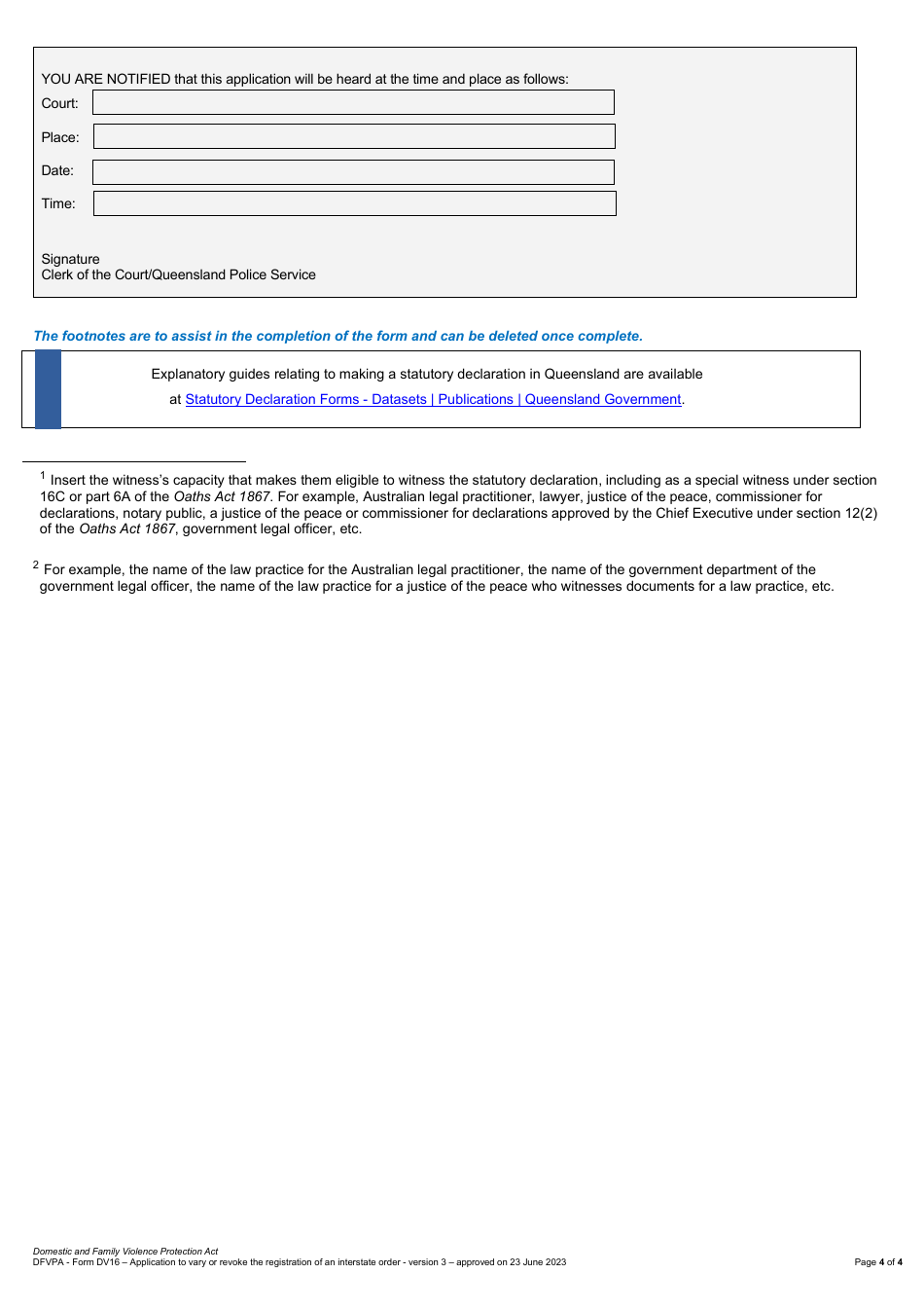 Form DV16 Application to Vary or Revoke the Registration of an Interstate Order - Queensland, Australia, Page 4