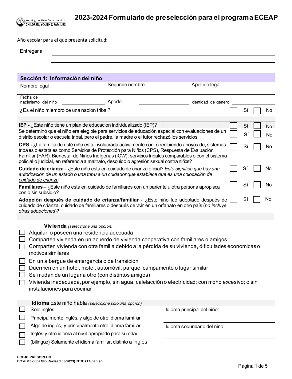 DCYF Formulario 05-006A Formulario De Preseleccion Para El Programa Eceap - Washington (Spanish), Page 1