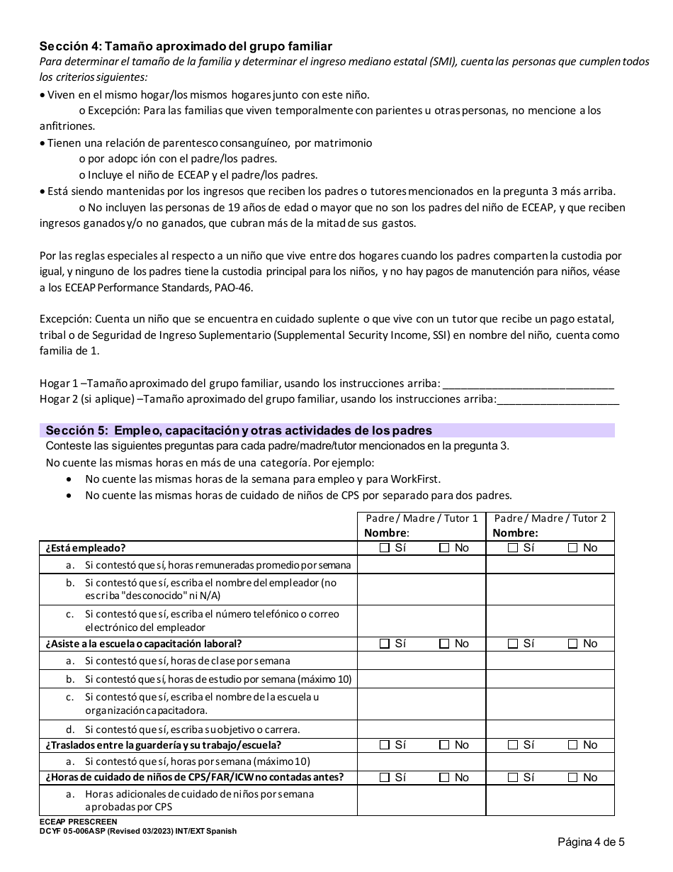 DCYF Formulario 05-006A Formulario De Preseleccion Para El Programa Eceap - Washington (Spanish), Page 4