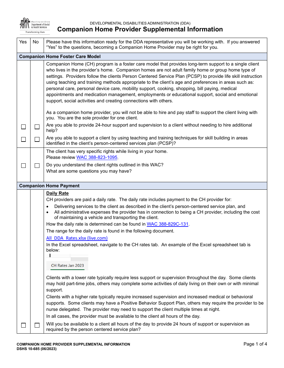 DSHS Form 10-685 Companion Home Provider Supplemental Information - Washington, Page 1