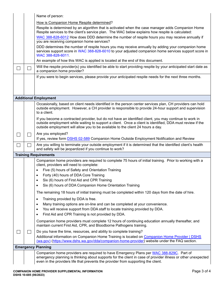 DSHS Form 10-685 Companion Home Provider Supplemental Information - Washington, Page 3