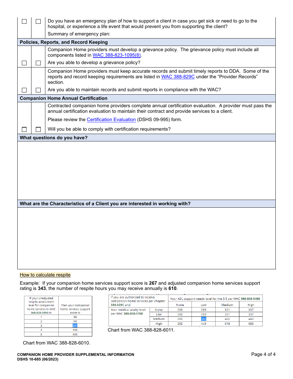 DSHS Form 10-685 Companion Home Provider Supplemental Information - Washington, Page 4