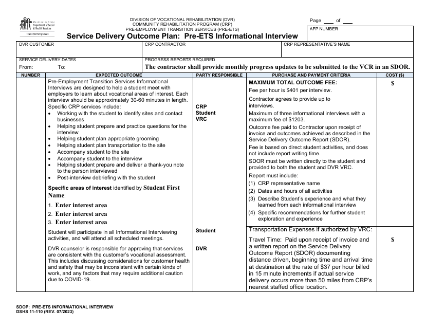 DSHS Form 11-110 Service Delivery Outcome Plan: Pre-ets Informational Interview - Washington