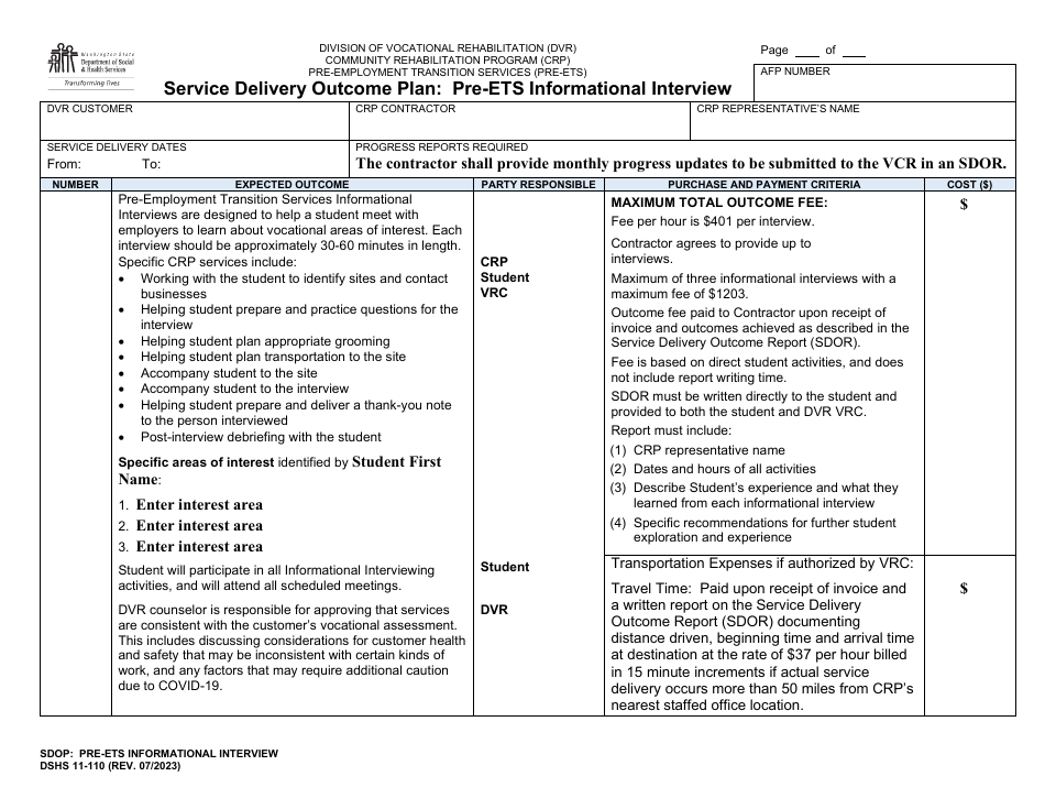 DSHS Form 11-110 Service Delivery Outcome Plan: Pre-ets Informational Interview - Washington, Page 1