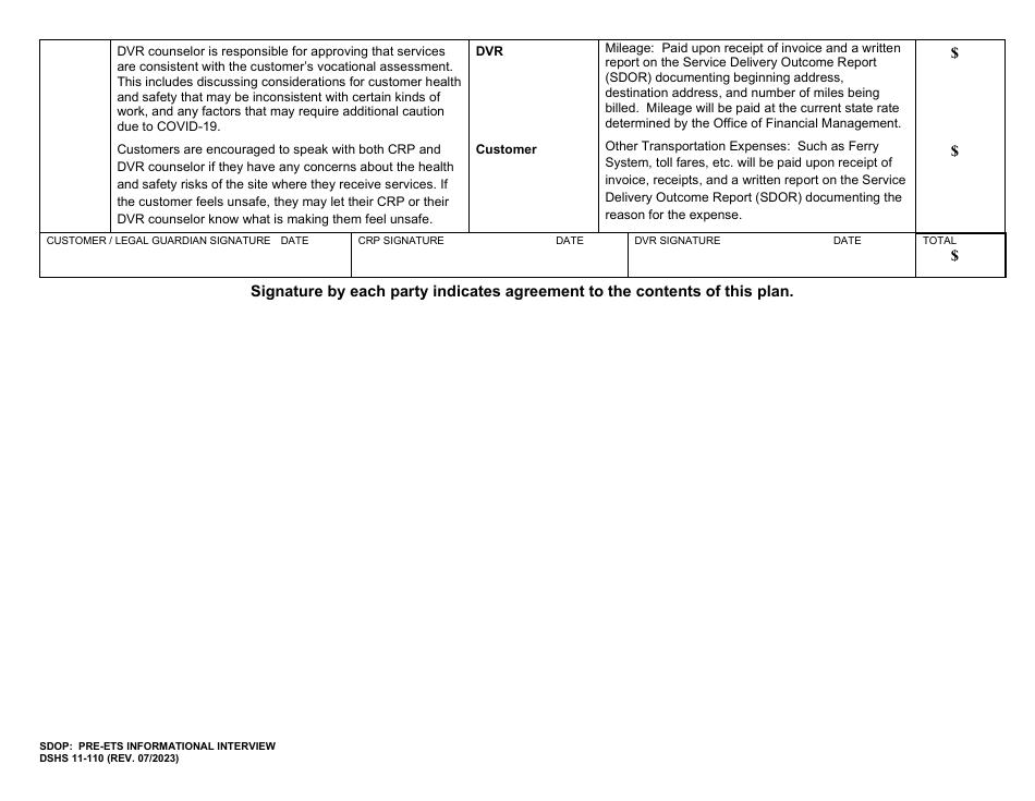 DSHS Form 11-110 Service Delivery Outcome Plan: Pre-ets Informational Interview - Washington, Page 2