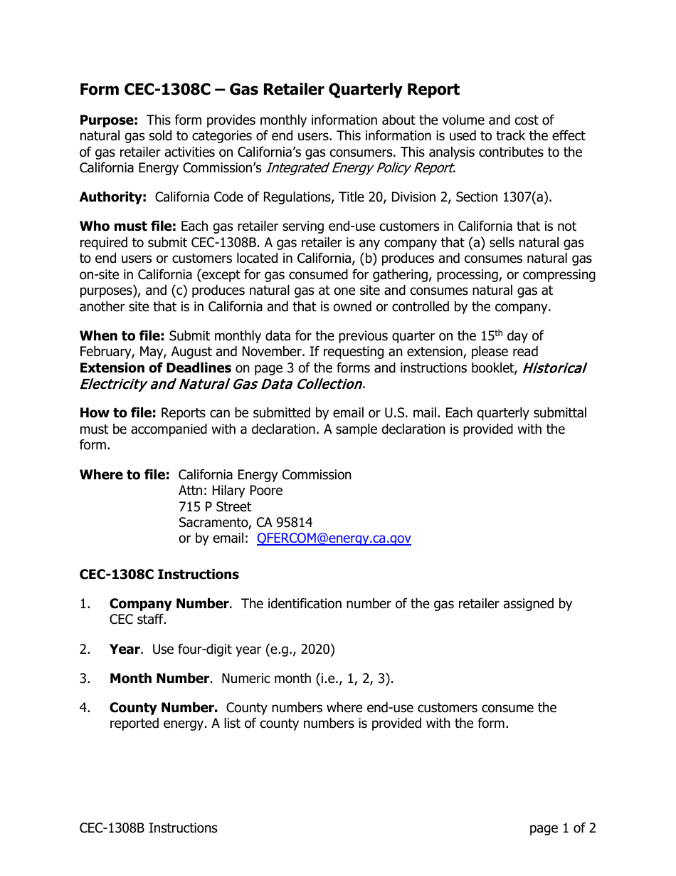 Instructions for Form CEC-1308C Gas Retailer Quarterly Report - California, Page 1