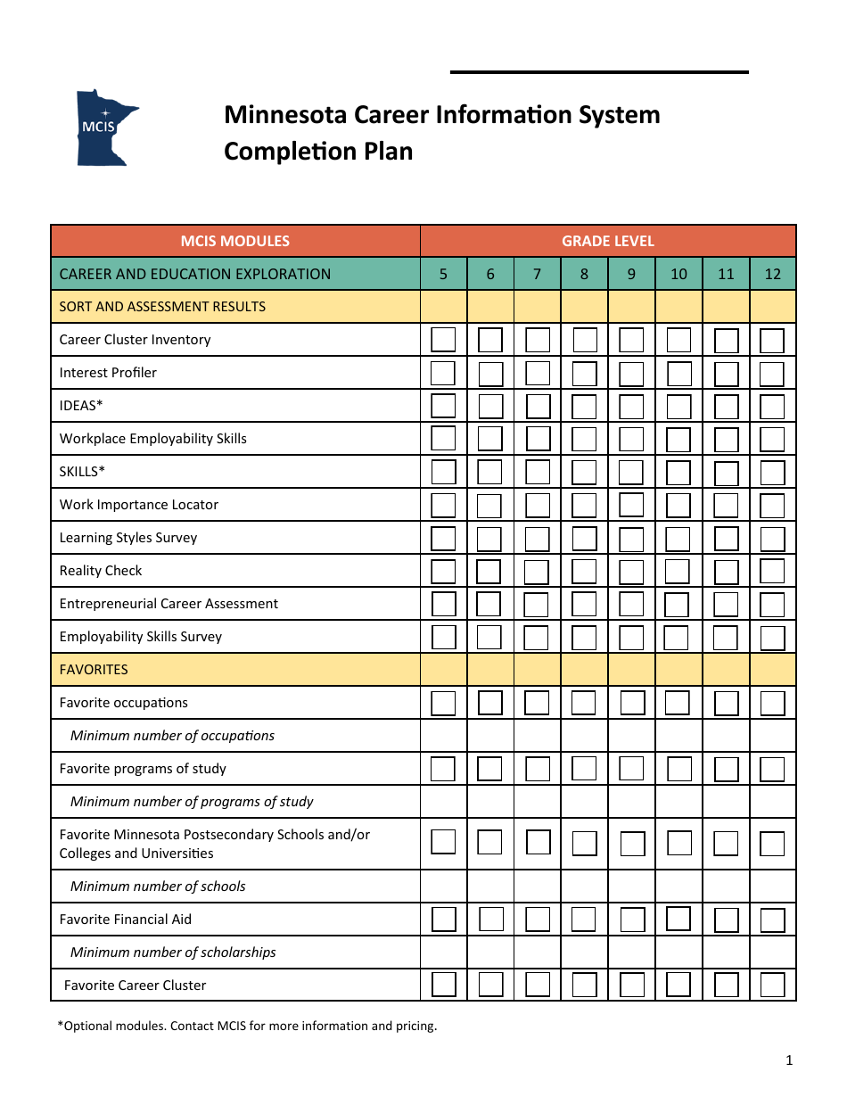 Minnesota Career Information System Completion Plan - Minnesota, Page 1