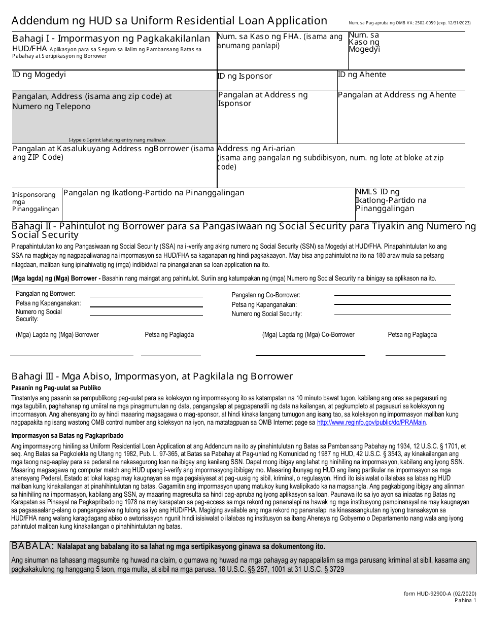 HUD Form 92900-A Hud / VA Addendum to Uniform Residential Loan Application (Tagalog), Page 1