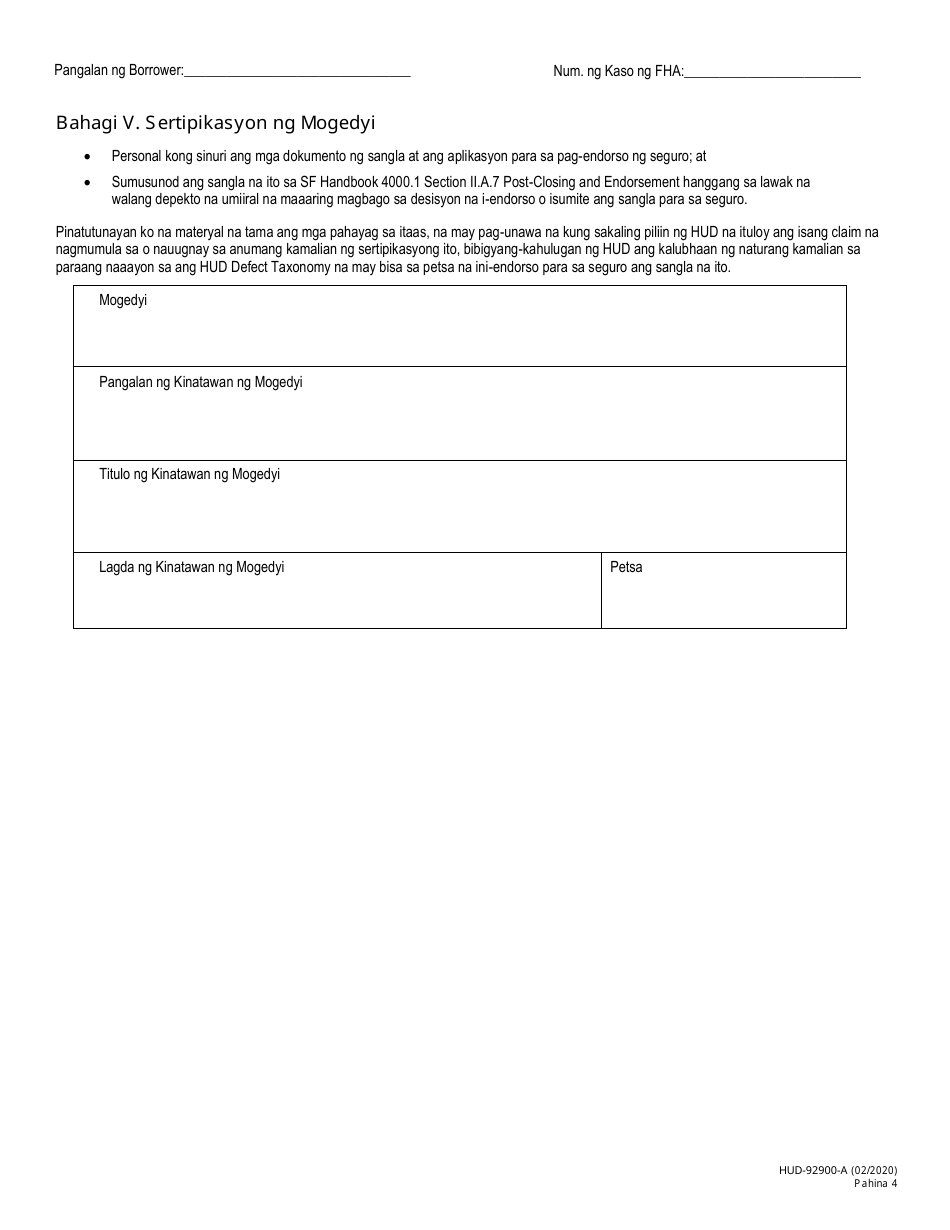 HUD Form 92900-A Hud / VA Addendum to Uniform Residential Loan Application (Tagalog), Page 4