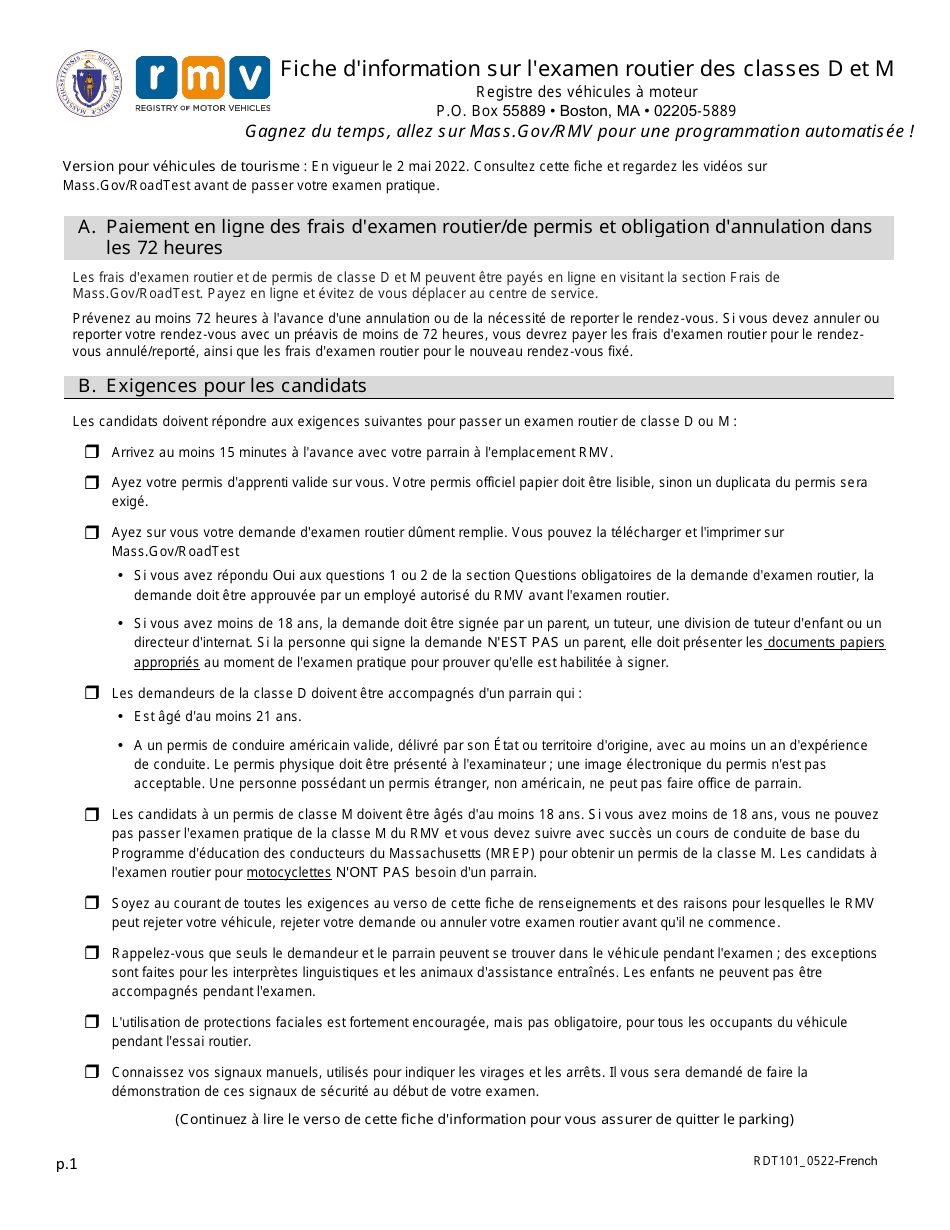 Form RDT101 Class D and M Road Test Checklist - Massachusetts (French), Page 1