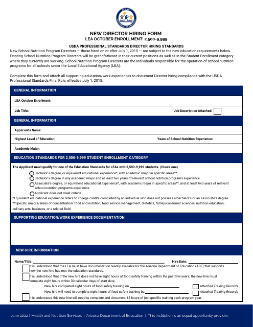 New Director Hiring Form - Hired After July 1, 2015 (2,500-9,999 Enrollment) - Arizona Download Pdf