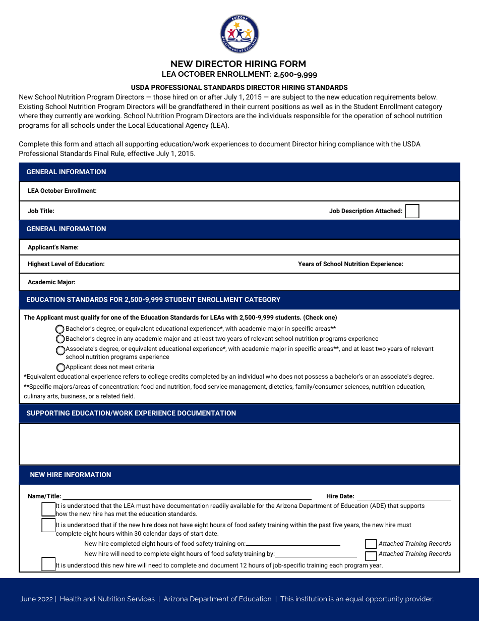 New Director Hiring Form - Hired After July 1, 2015 (2,500-9,999 Enrollment) - Arizona, Page 1