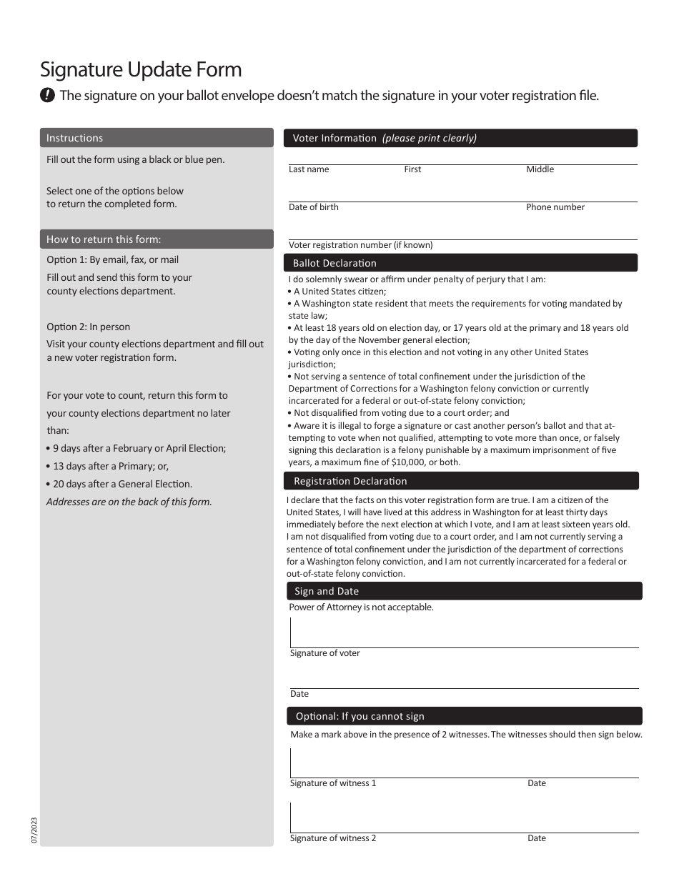 Signature Update Form - Washington, Page 1