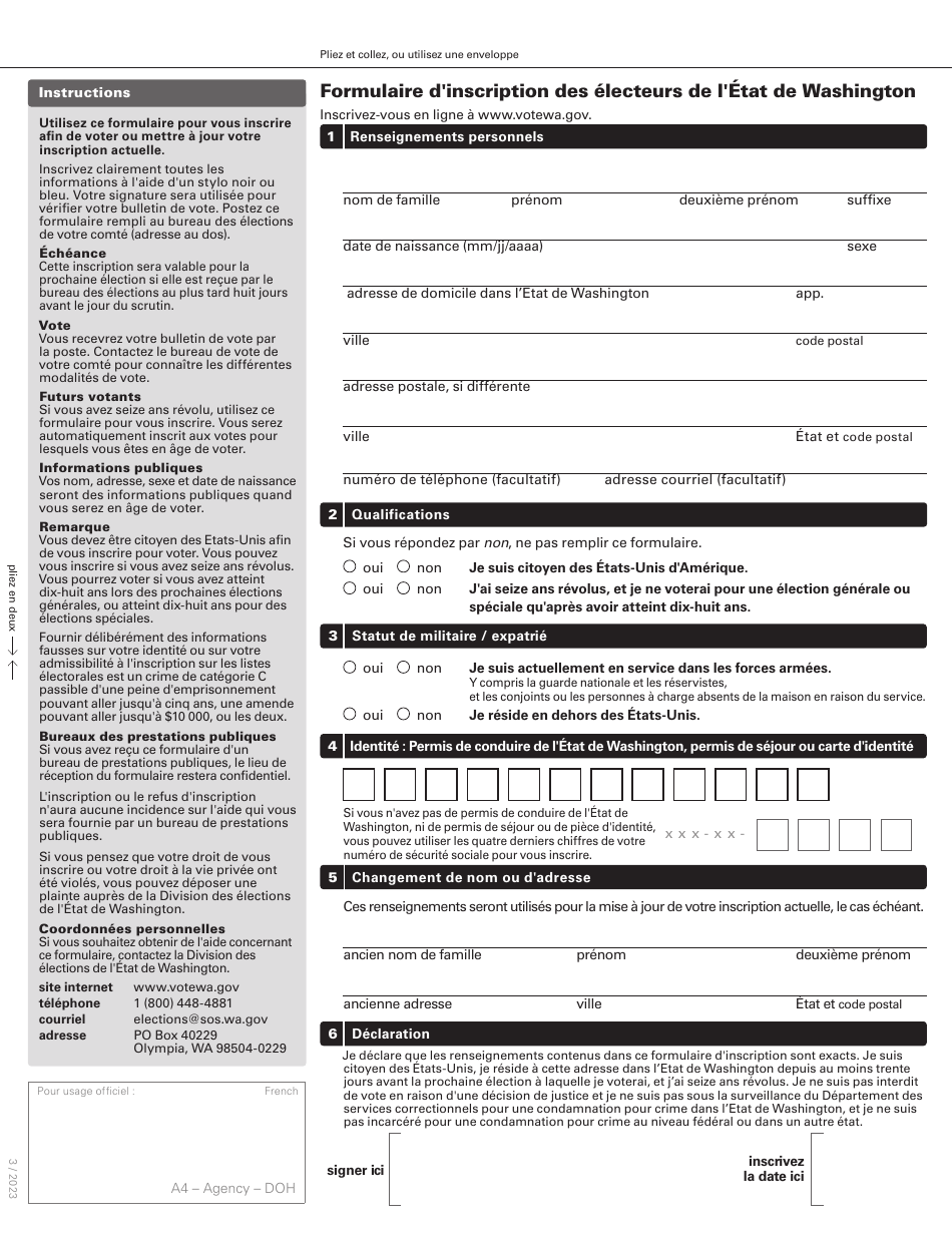 Washington State Voter Registration Form - Washington (French), Page 1