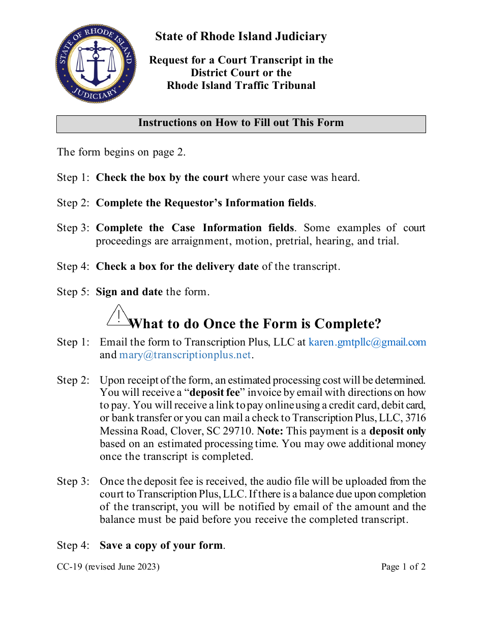 Form CC-19 Request for a Court Transcript - Rhode Island, Page 1