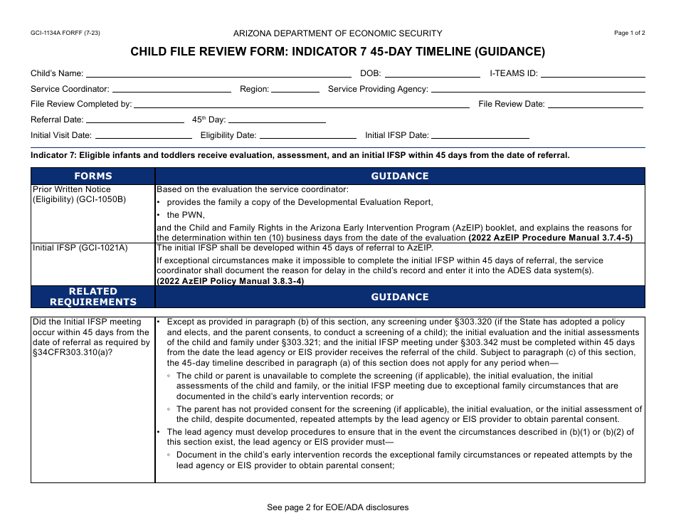 Form GCI-1134A Child File Review Form: Indicator 7 45-day Timeline (Guidance) - Arizona, Page 1