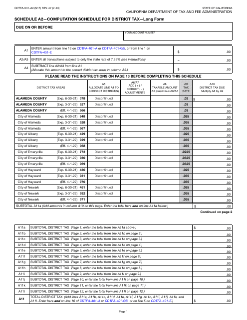 Form CDTFA-531-A2 Schedule A2 Computation Schedule for District Tax - Long Form - California