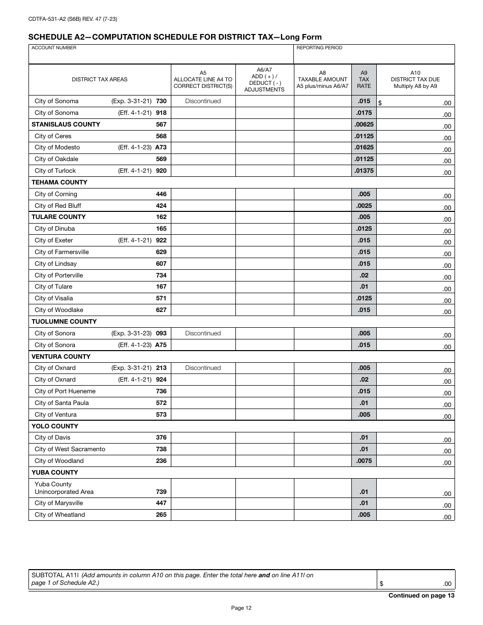 Form CDTFA-531-A2 Schedule A2 Computation Schedule for District Tax - Long Form - California, Page 12