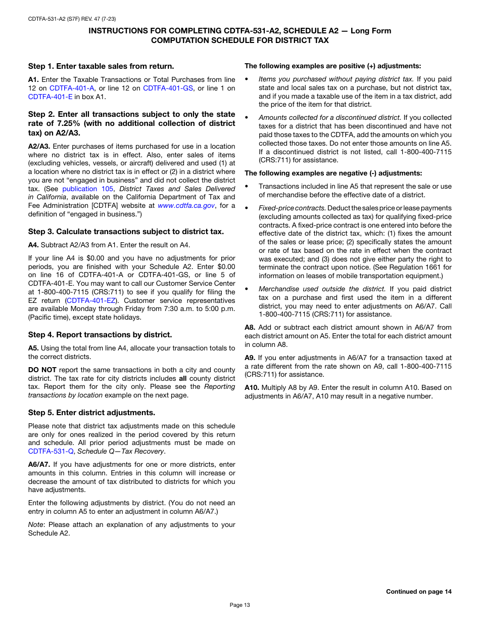 Form CDTFA-531-A2 Schedule A2 Computation Schedule for District Tax - Long Form - California, Page 13