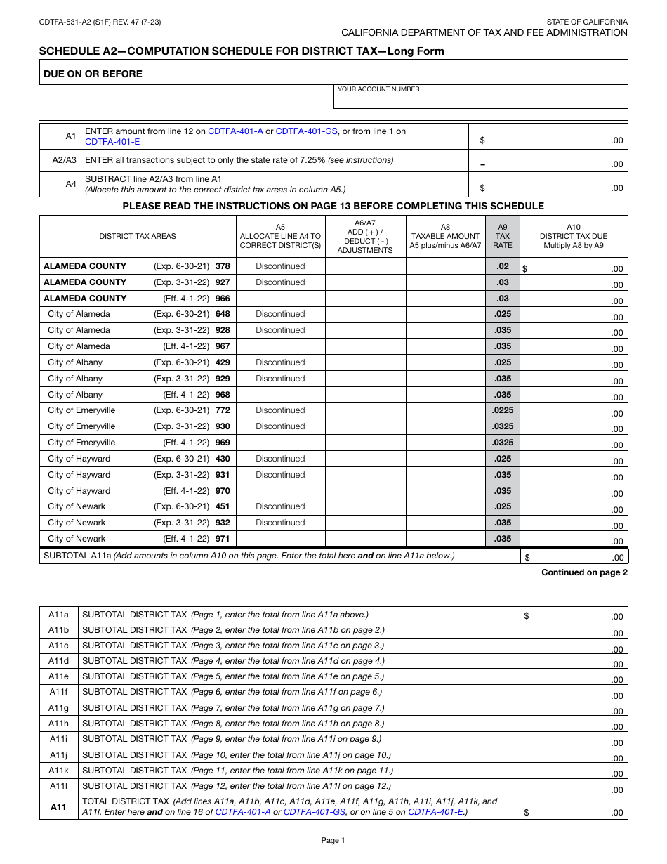 Form CDTFA-531-A2 Schedule A2 Computation Schedule for District Tax - Long Form - California, Page 1