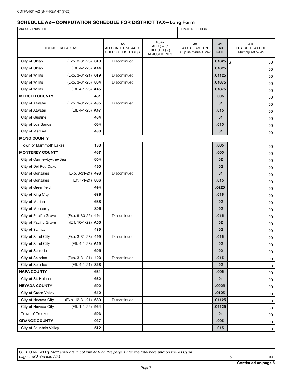 Form CDTFA-531-A2 Schedule A2 Computation Schedule for District Tax - Long Form - California, Page 7