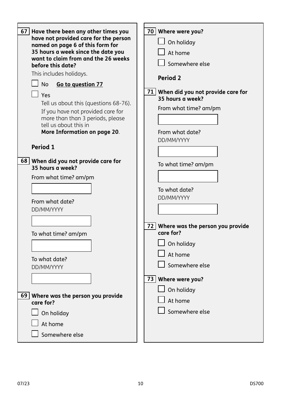 Form DS700 Carers Allowance Claim Form - United Kingdom, Page 10