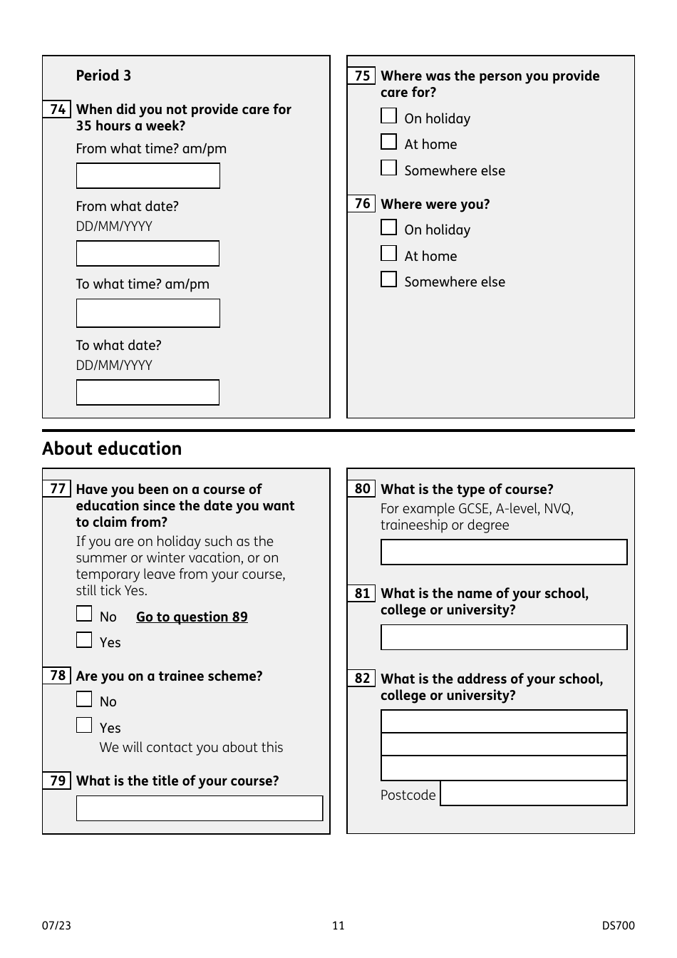 Form DS700 Carers Allowance Claim Form - United Kingdom, Page 11