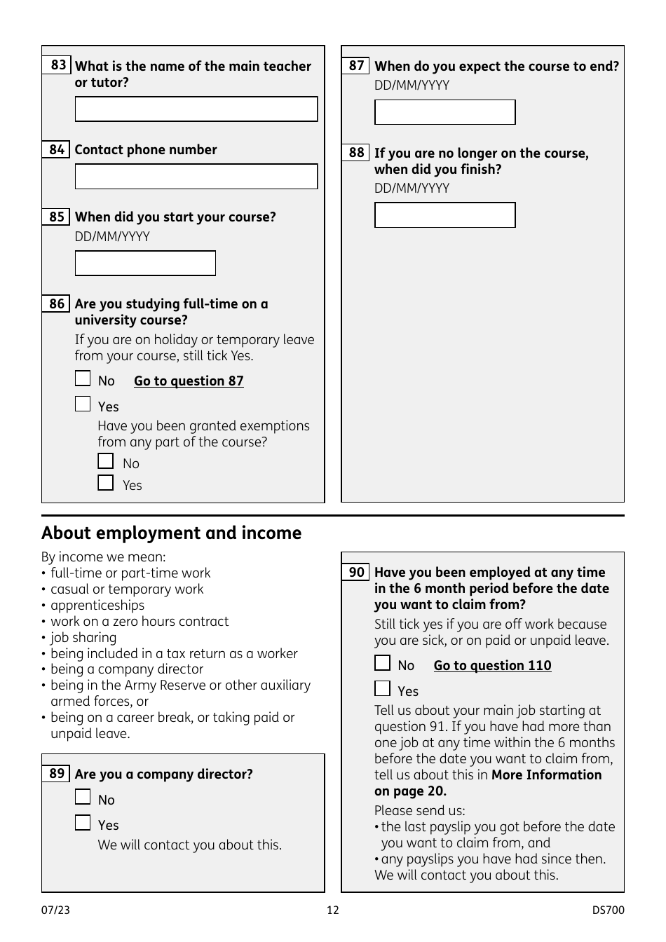 Form DS700 Carers Allowance Claim Form - United Kingdom, Page 12