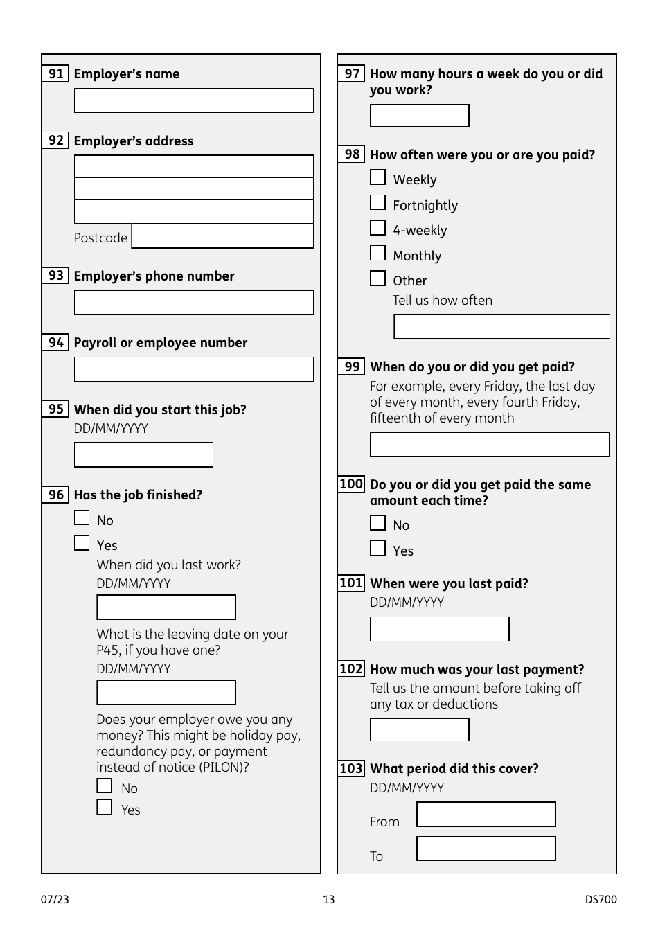 Form DS700 Carers Allowance Claim Form - United Kingdom, Page 13