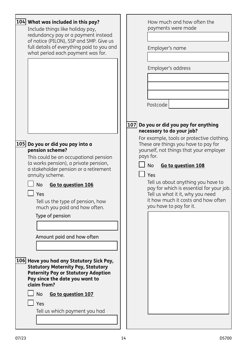 Form DS700 Carers Allowance Claim Form - United Kingdom, Page 14