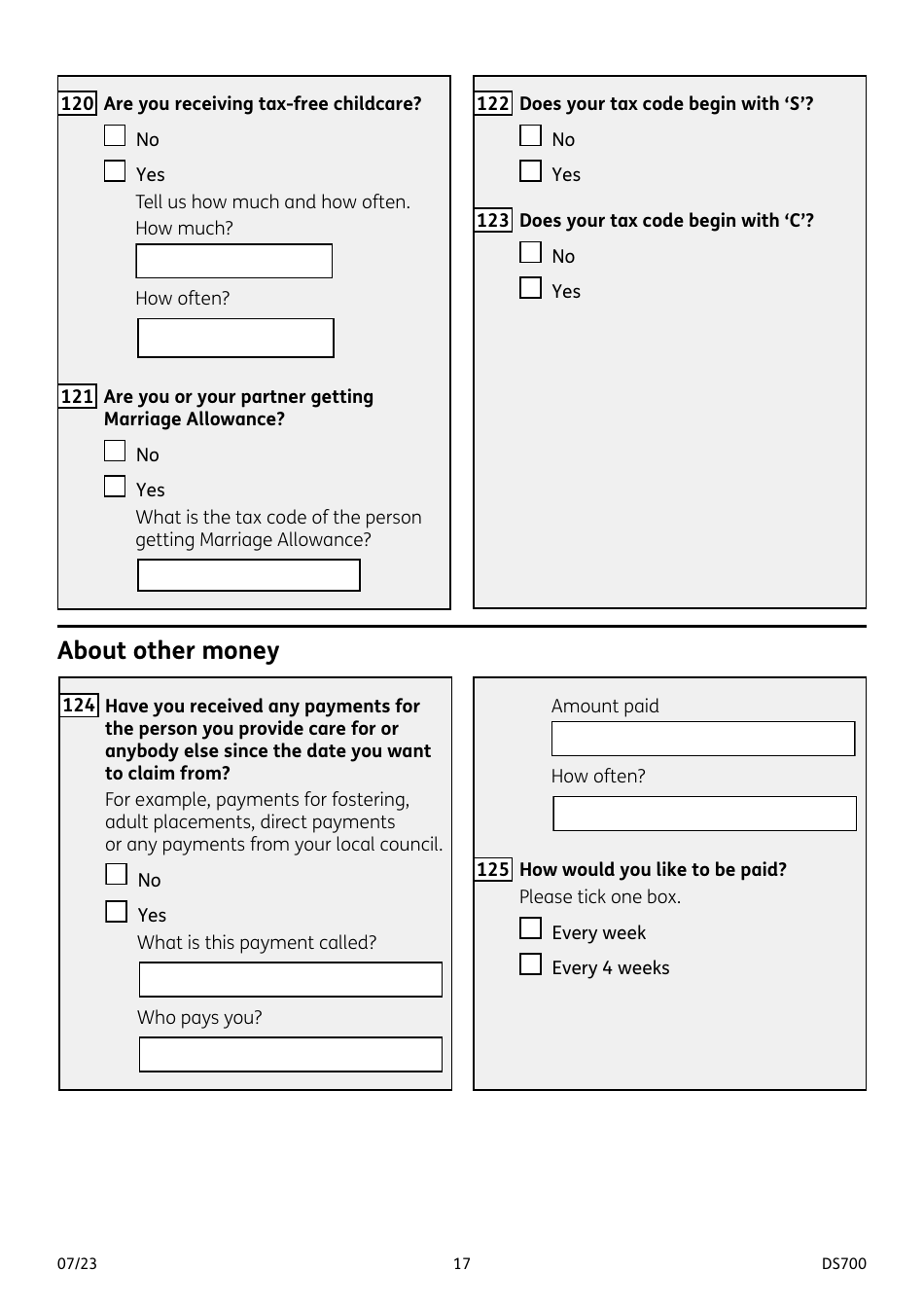 Form DS700 Carers Allowance Claim Form - United Kingdom, Page 17
