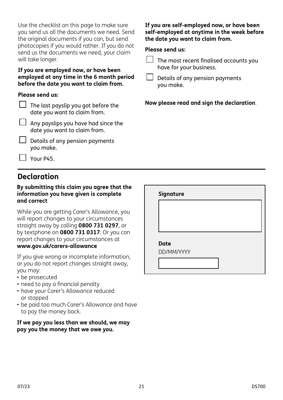 Form DS700 Carers Allowance Claim Form - United Kingdom, Page 21
