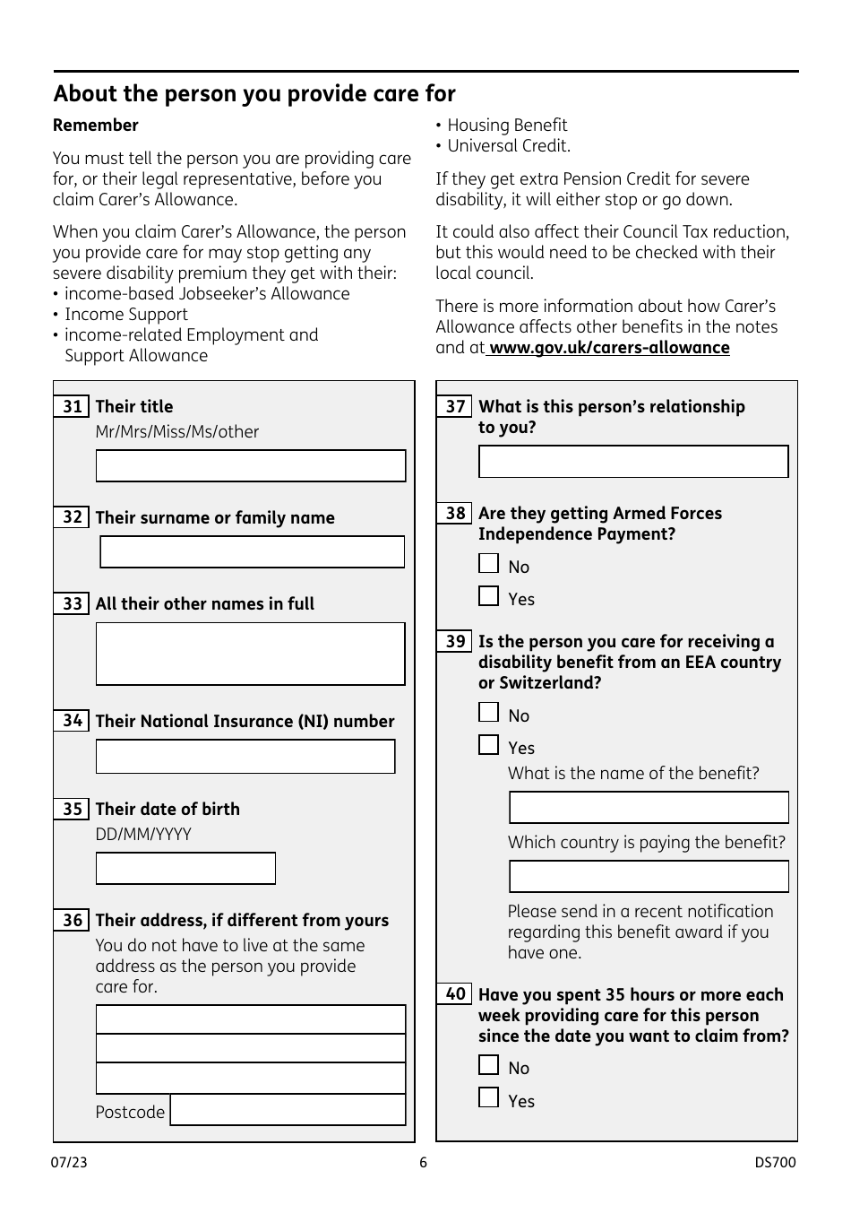 Form DS700 Carers Allowance Claim Form - United Kingdom, Page 6
