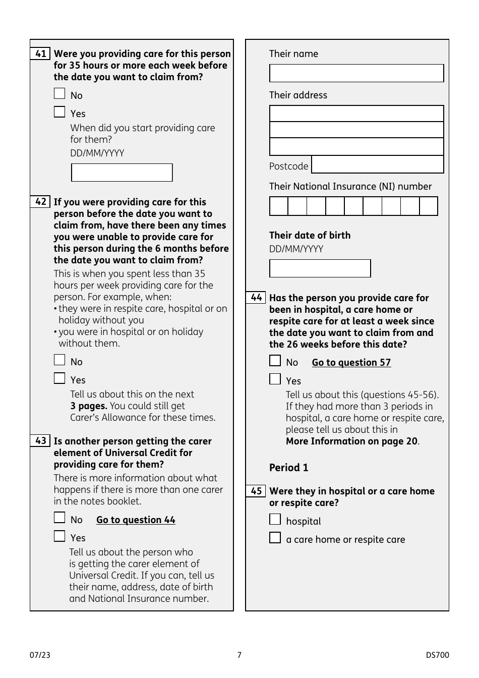 Form DS700 Carers Allowance Claim Form - United Kingdom, Page 7