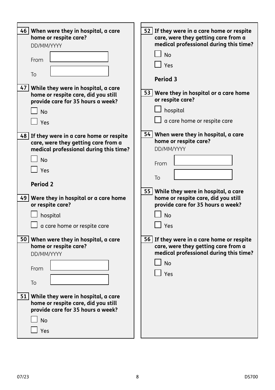 Form DS700 Carers Allowance Claim Form - United Kingdom, Page 8