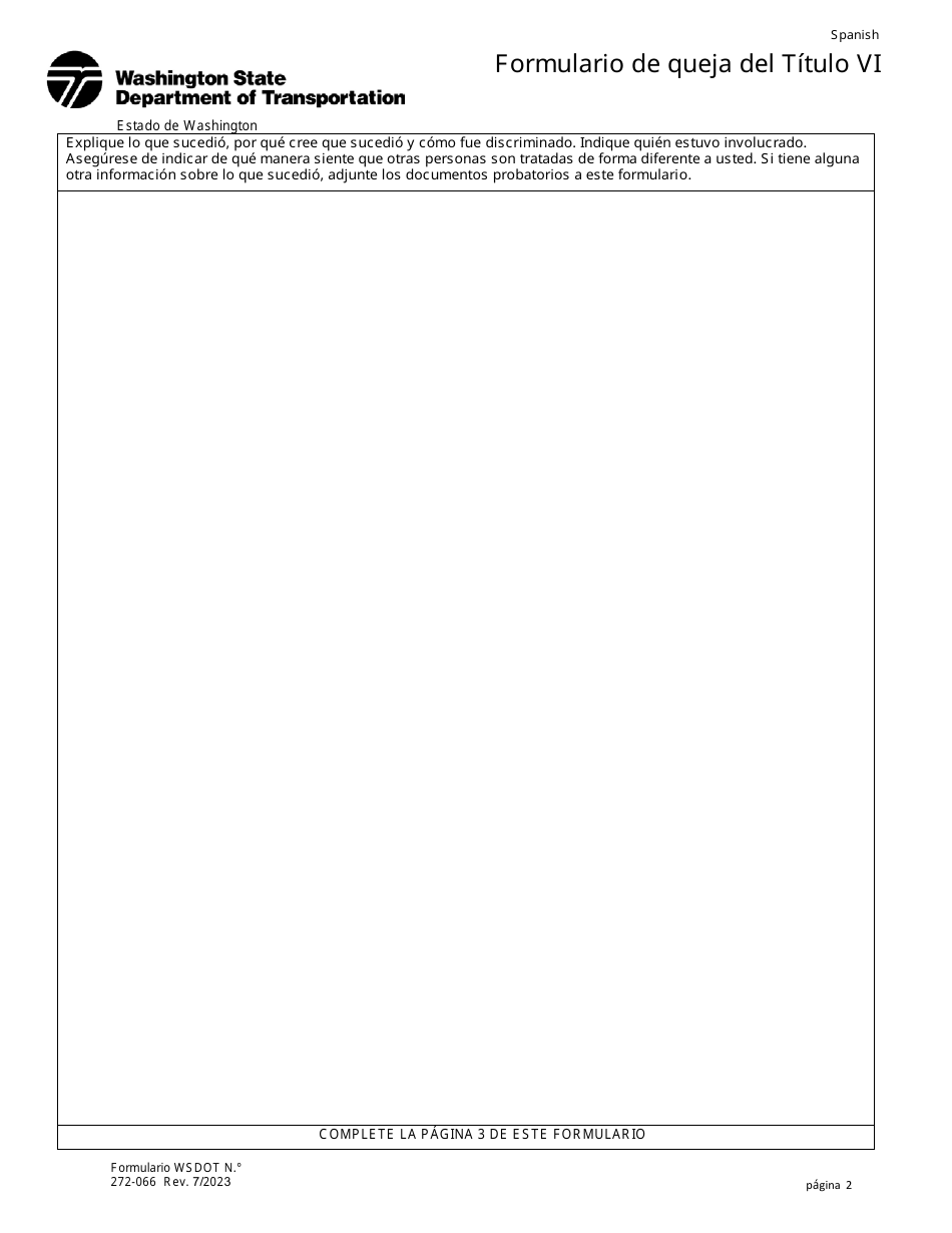 DOT Formulario 272-066 Formulario De Queja Del Titulo Vi - Washington (Spanish), Page 2