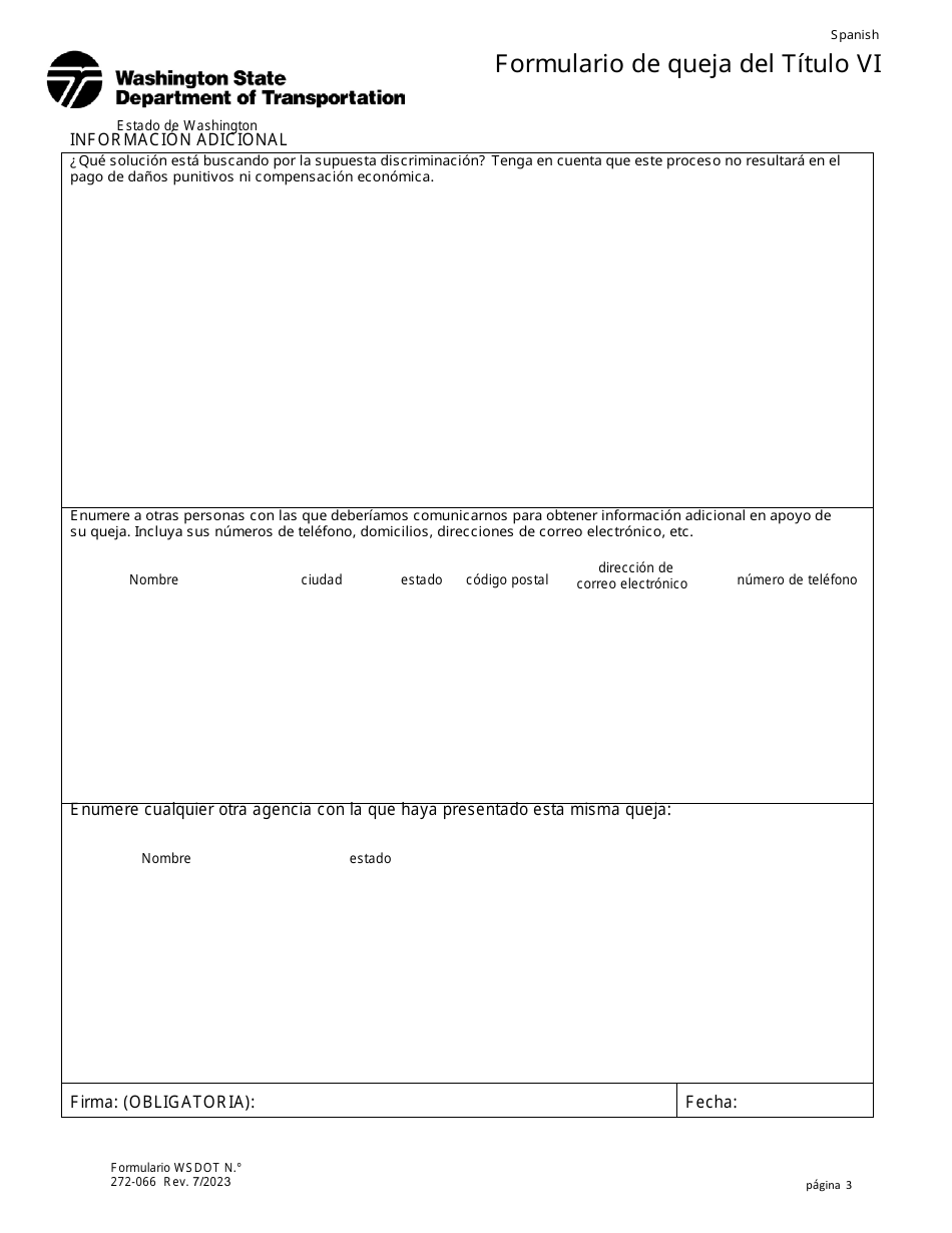 DOT Formulario 272-066 Formulario De Queja Del Titulo Vi - Washington (Spanish), Page 3