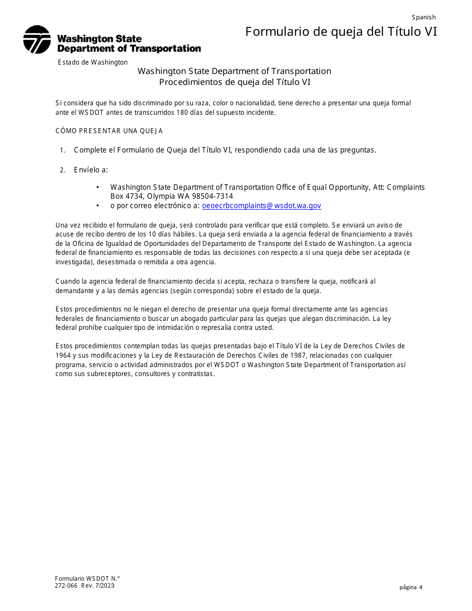 DOT Formulario 272-066 Formulario De Queja Del Titulo Vi - Washington (Spanish), Page 4