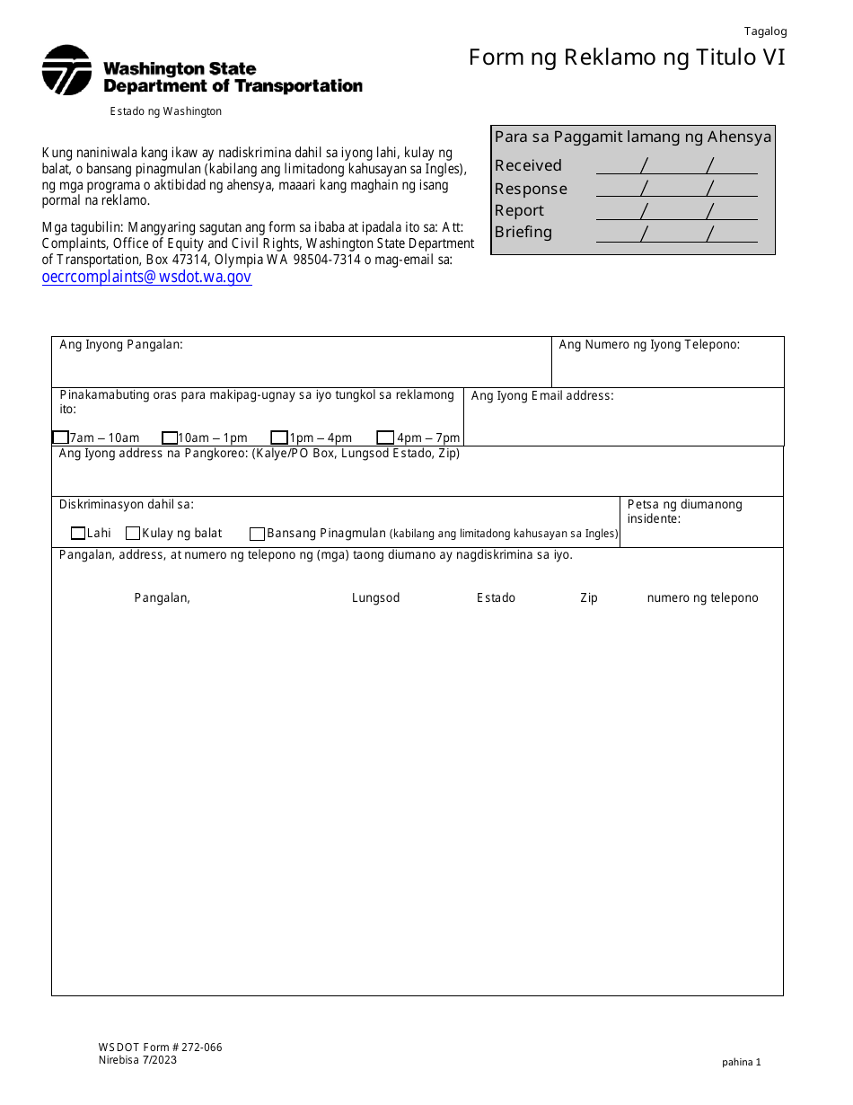 DOT Form 272-066 Title VI Complaint Form - Washington (Tagalog), Page 1