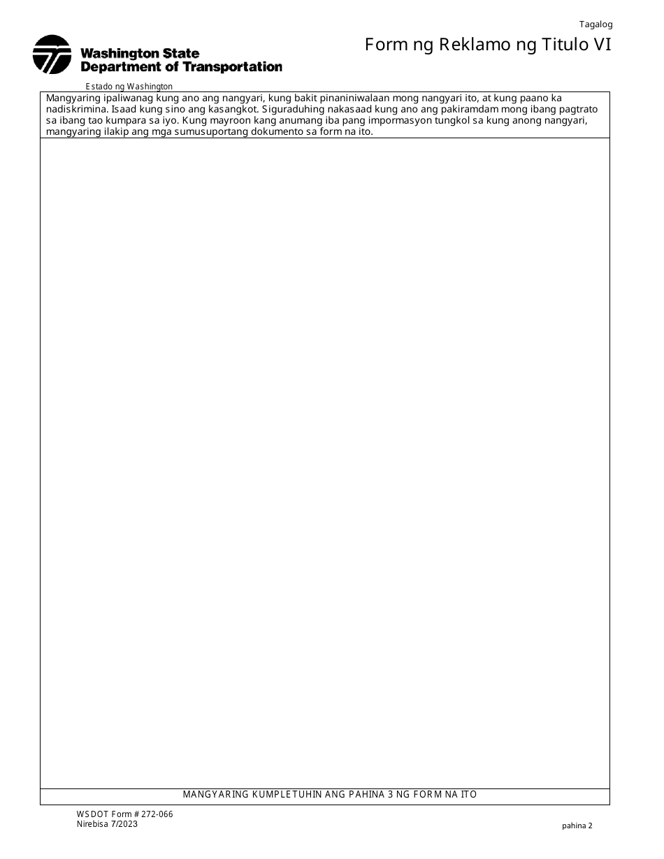 DOT Form 272-066 Title VI Complaint Form - Washington (Tagalog), Page 2