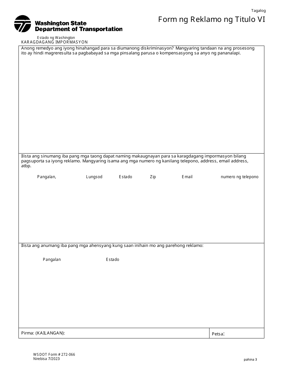 DOT Form 272-066 Title VI Complaint Form - Washington (Tagalog), Page 3