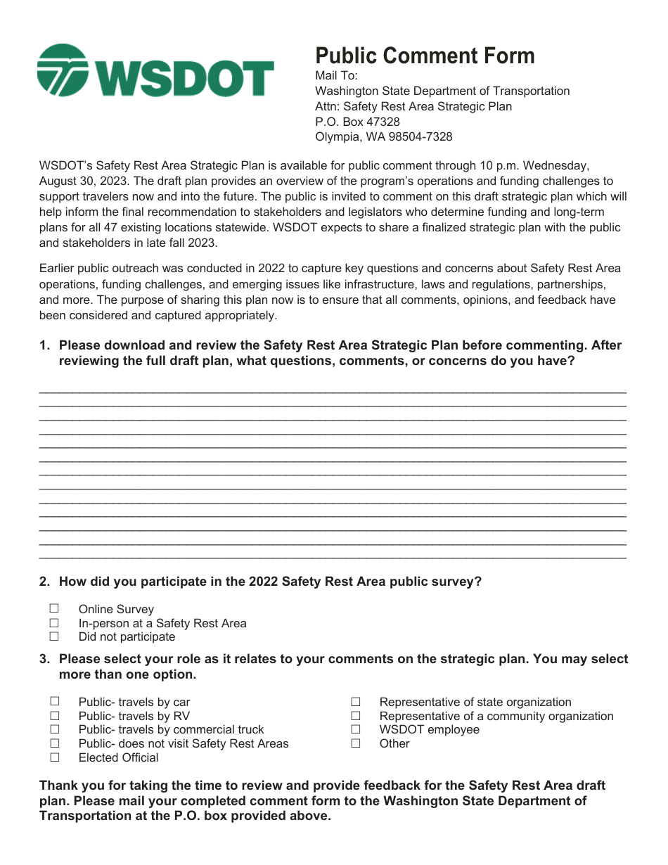 Washington Public Comment Form - Fill Out, Sign Online and Download PDF ...