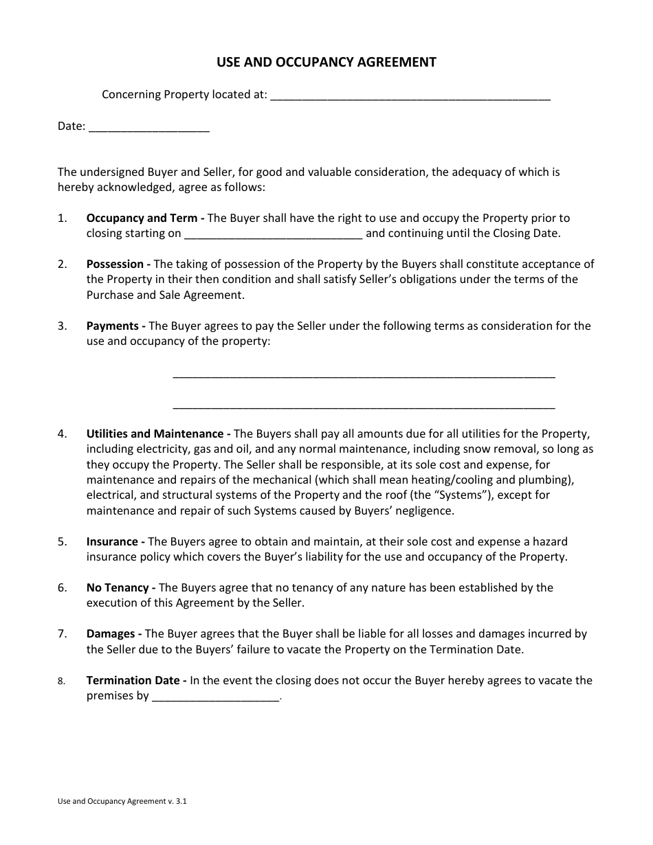 Use and Occupancy Agreement Template - Massachusetts, Page 1