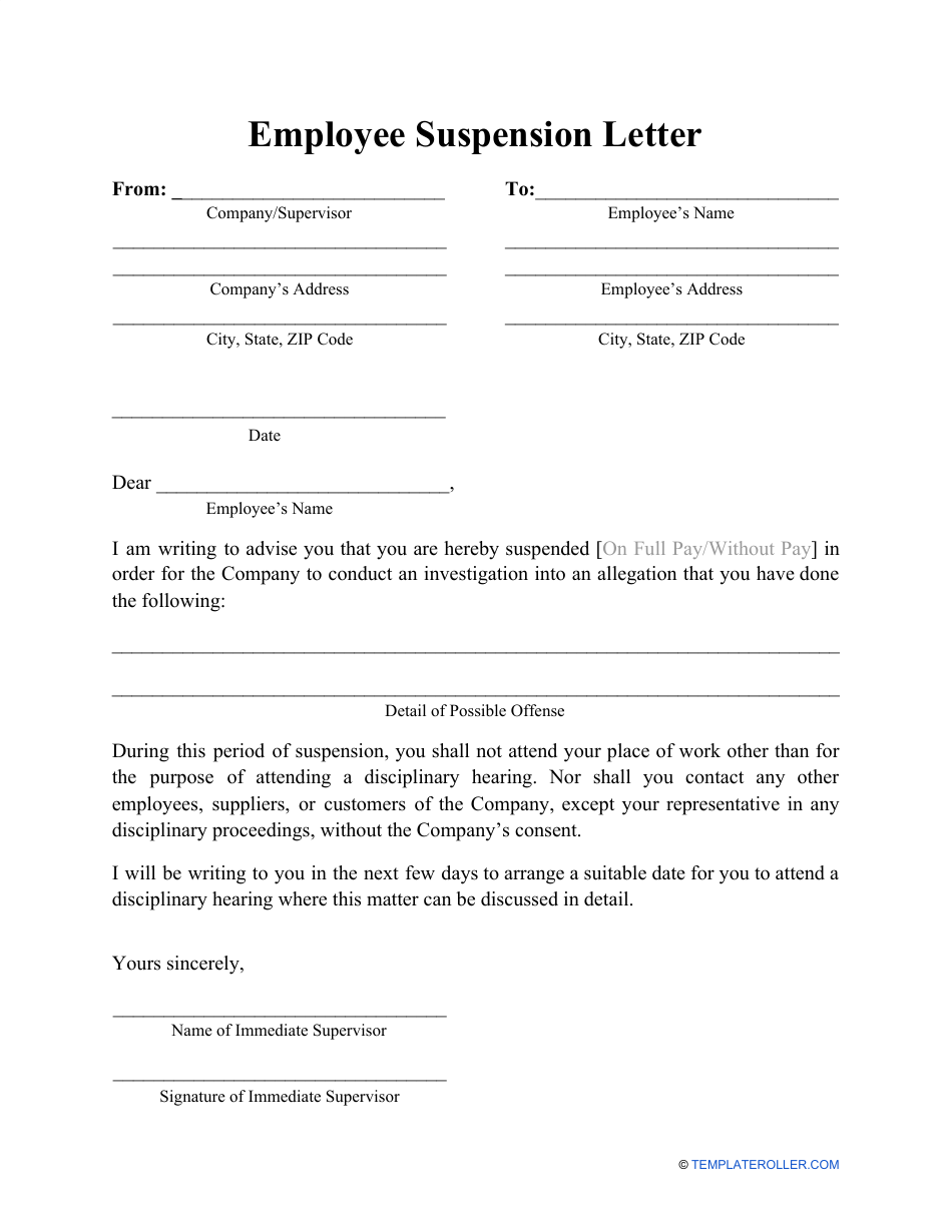&quot;Employee Suspension Letter Template&quot; Download Pdf
