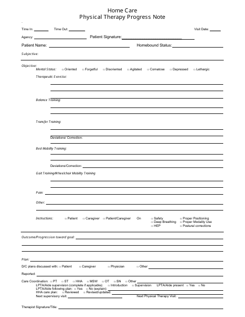 Home Care Physical Therapy Progress Note Template - Preview