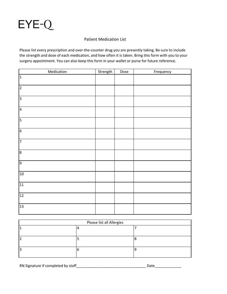 Patient Medication List Template with Eye-Q Layout Preview